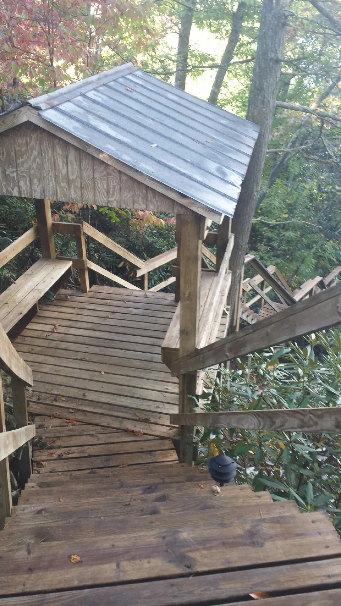 Metal roofed shelter over wooden steps on a wooded walkway — Skylight Repair & Installation work by our crew in Sigourney